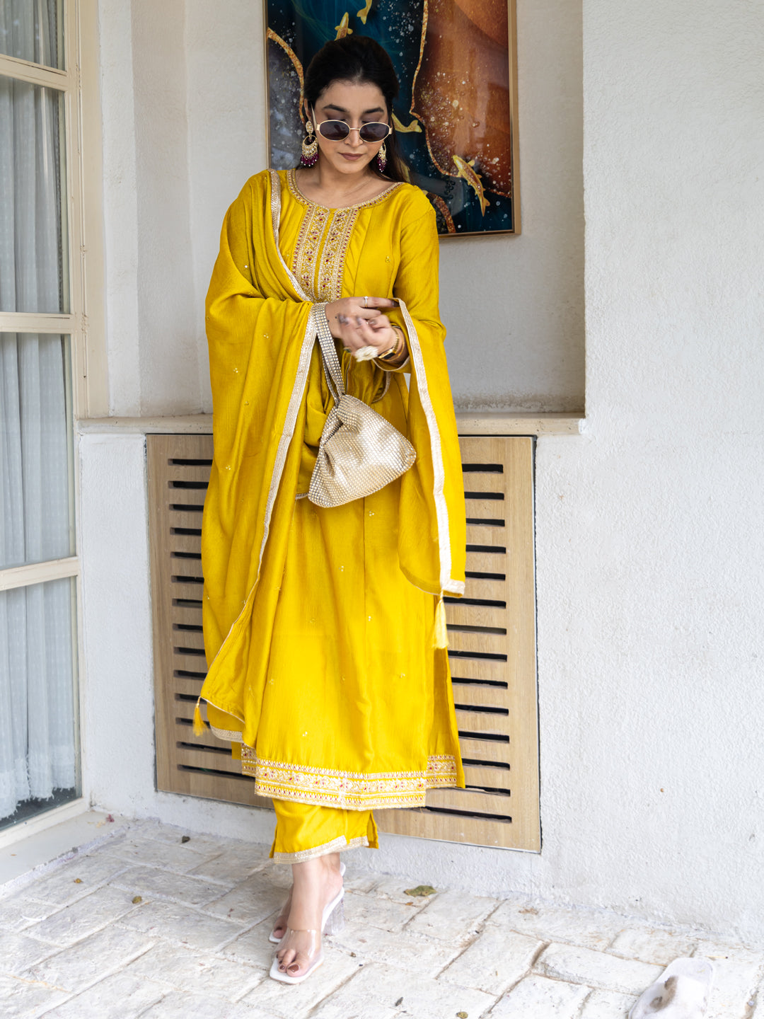 Sumaiya Silk Blend Anarkali Kurta Set with Embroidered Dupatta Elegant Ready to Wear Three Quarter Sleeves Kurta Pant Set