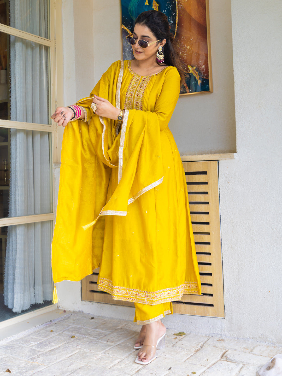 Sumaiya Silk Blend Anarkali Kurta Set with Embroidered Dupatta Elegant Ready to Wear Three Quarter Sleeves Kurta Pant Set