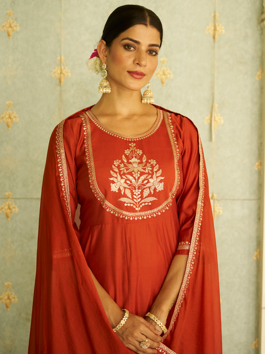 Naari Peach Anarkali Kurta and Pant Dupatta Set