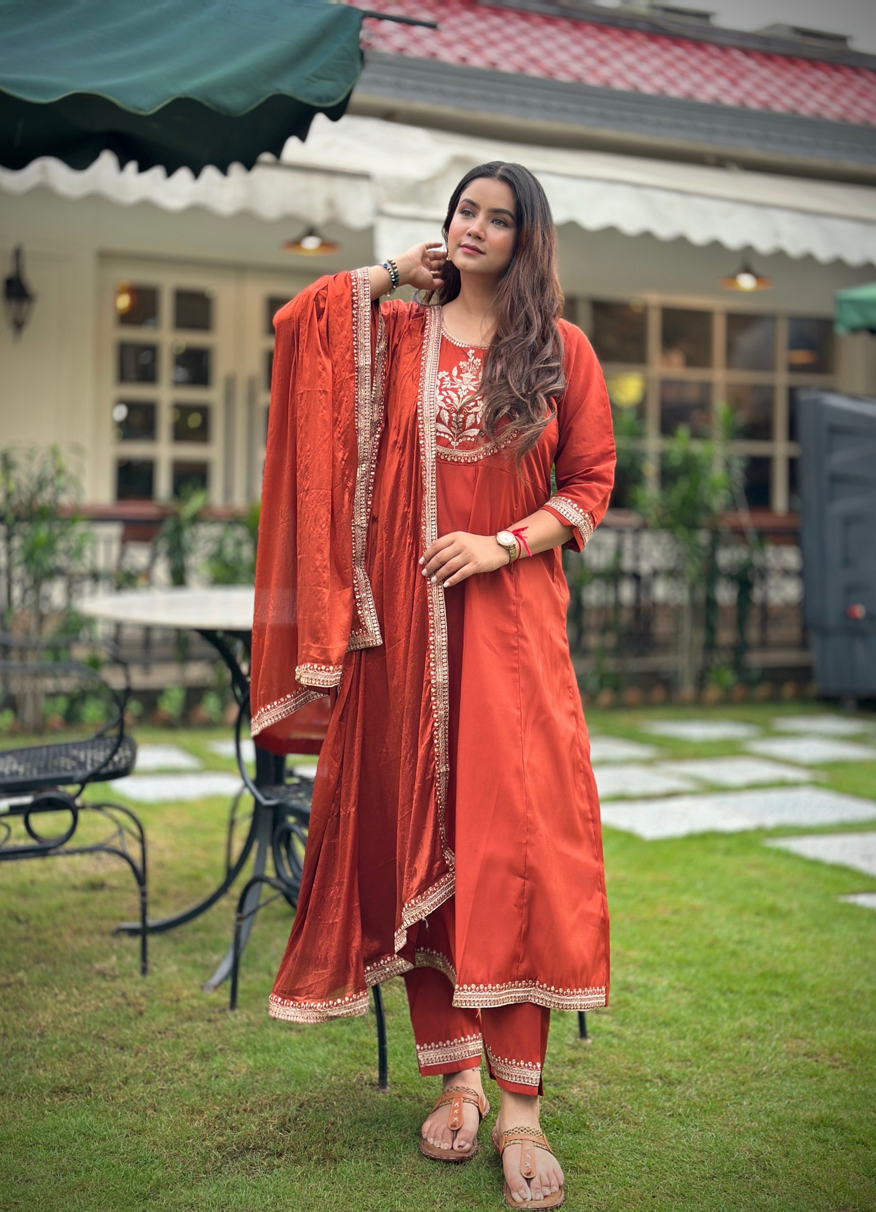 Gul Rust Embroidered Silk Blend Anarkali Suit Set With Dupatta
