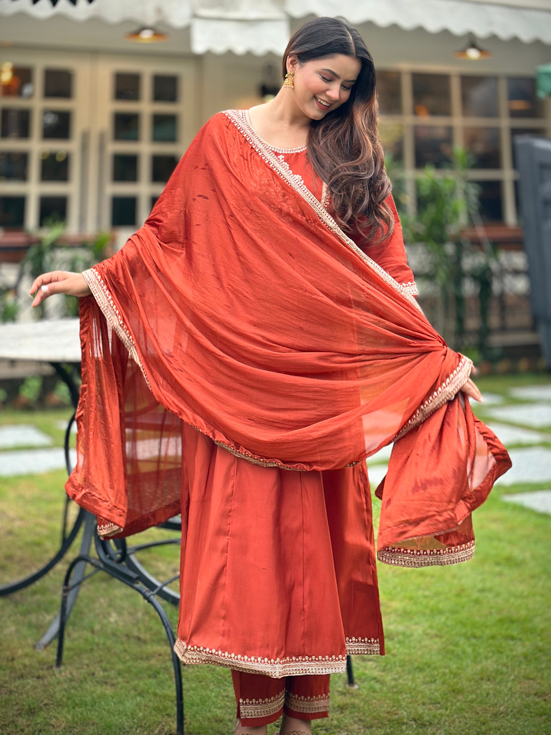 Gul Rust Embroidered Silk Blend Anarkali Suit Set With Dupatta