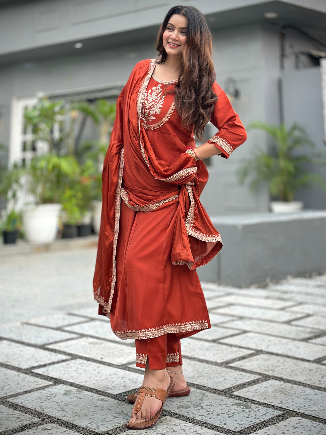 Gul Rust Embroidered Silk Blend Anarkali Suit Set With Dupatta