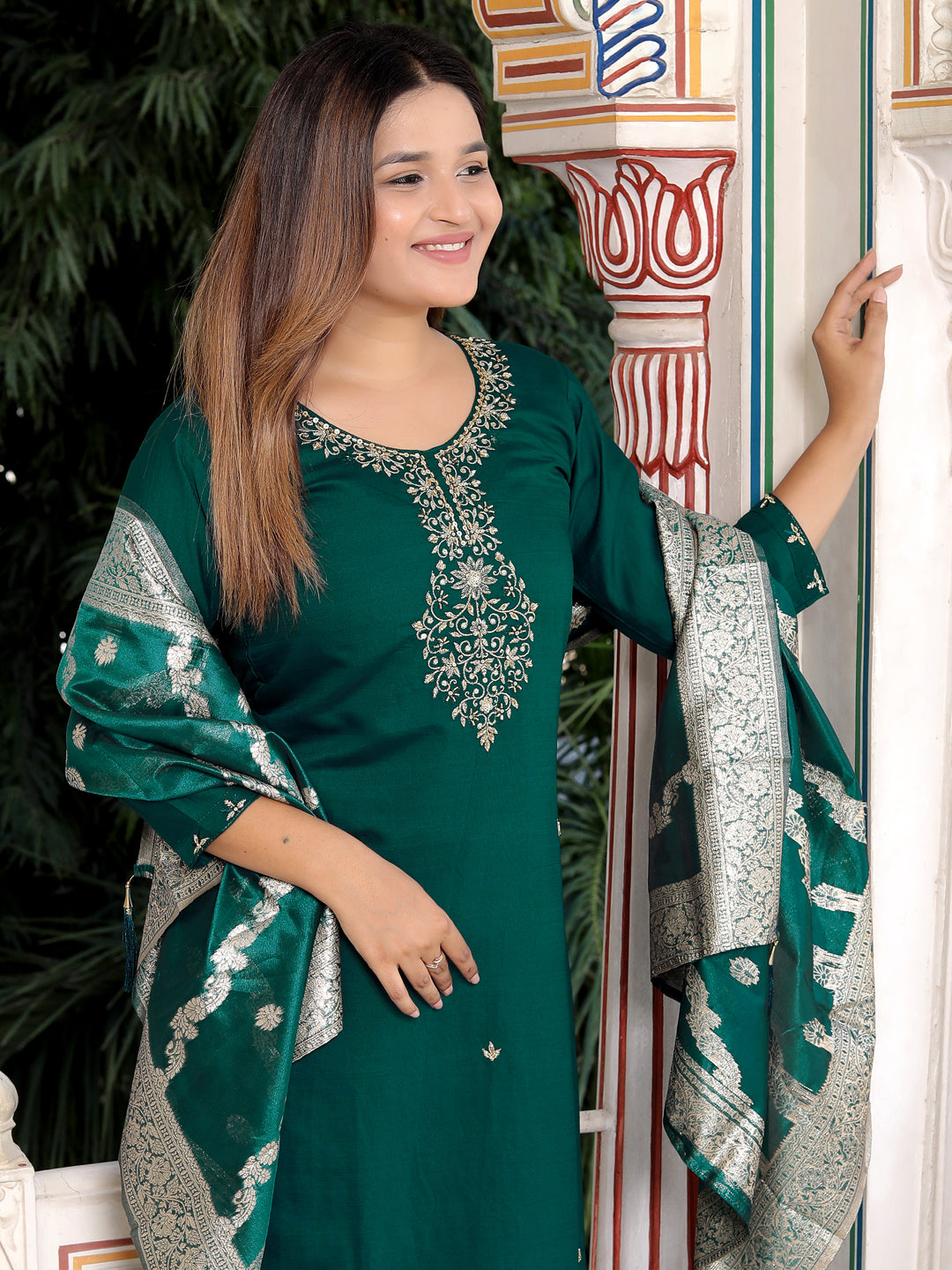 Neria Green Women Ethnic Motifs Embroidered Kurta with Trousers & Dupatta