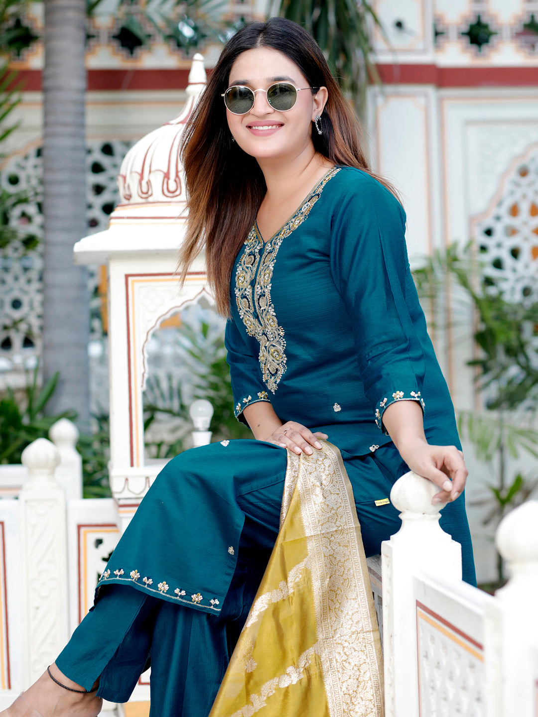 Neria Teal Women Ethnic Motifs Embroidered Kurta with Trousers & Dupatta