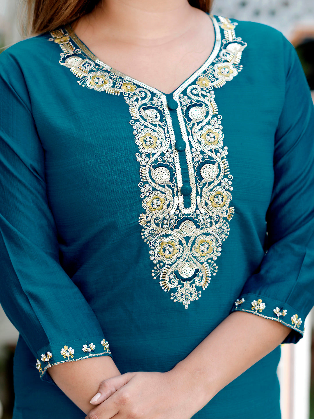 Neria Teal Women Ethnic Motifs Embroidered Kurta with Trousers & Dupatta