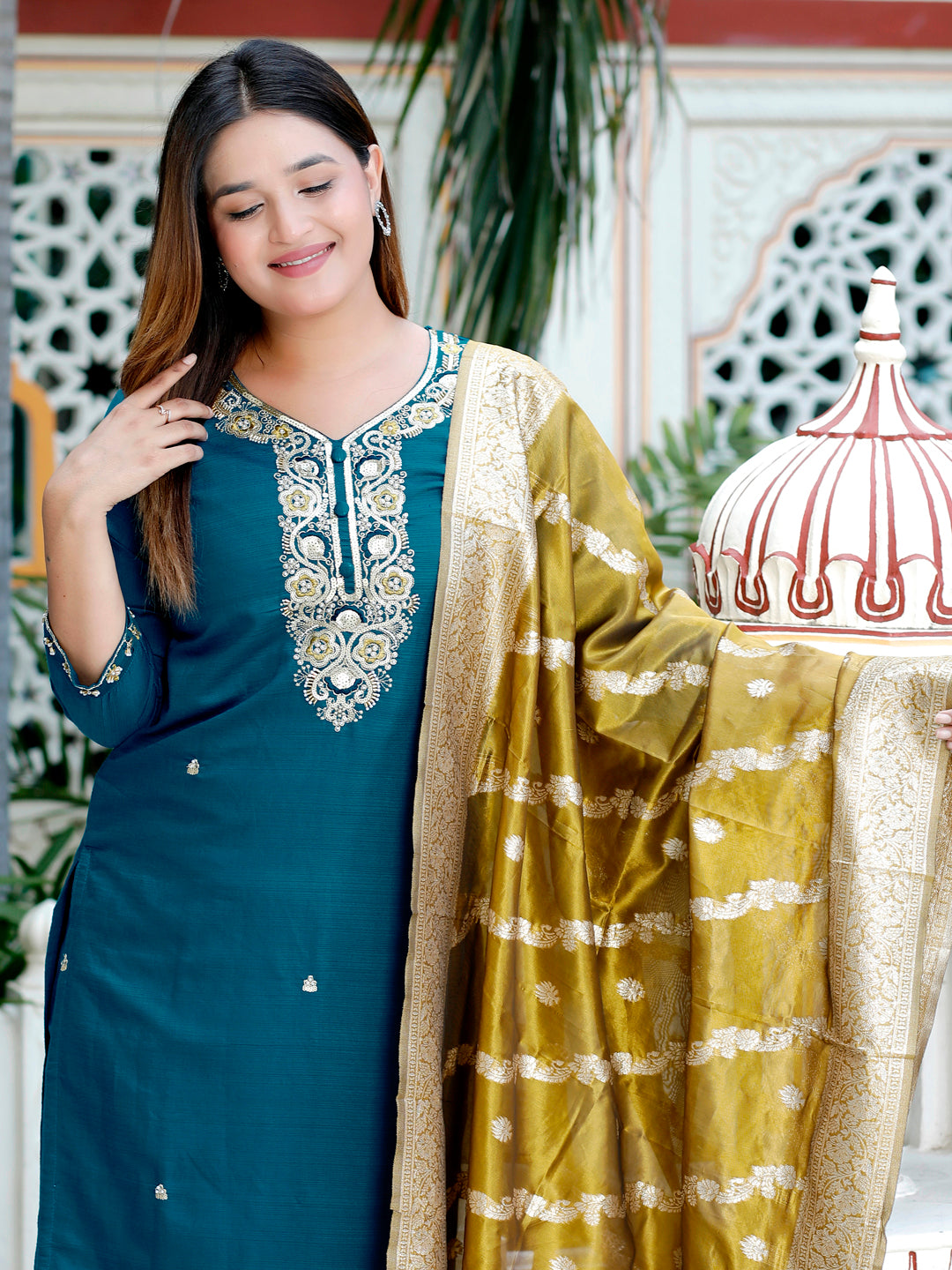 Neria Teal Women Ethnic Motifs Embroidered Kurta with Trousers & Dupatta