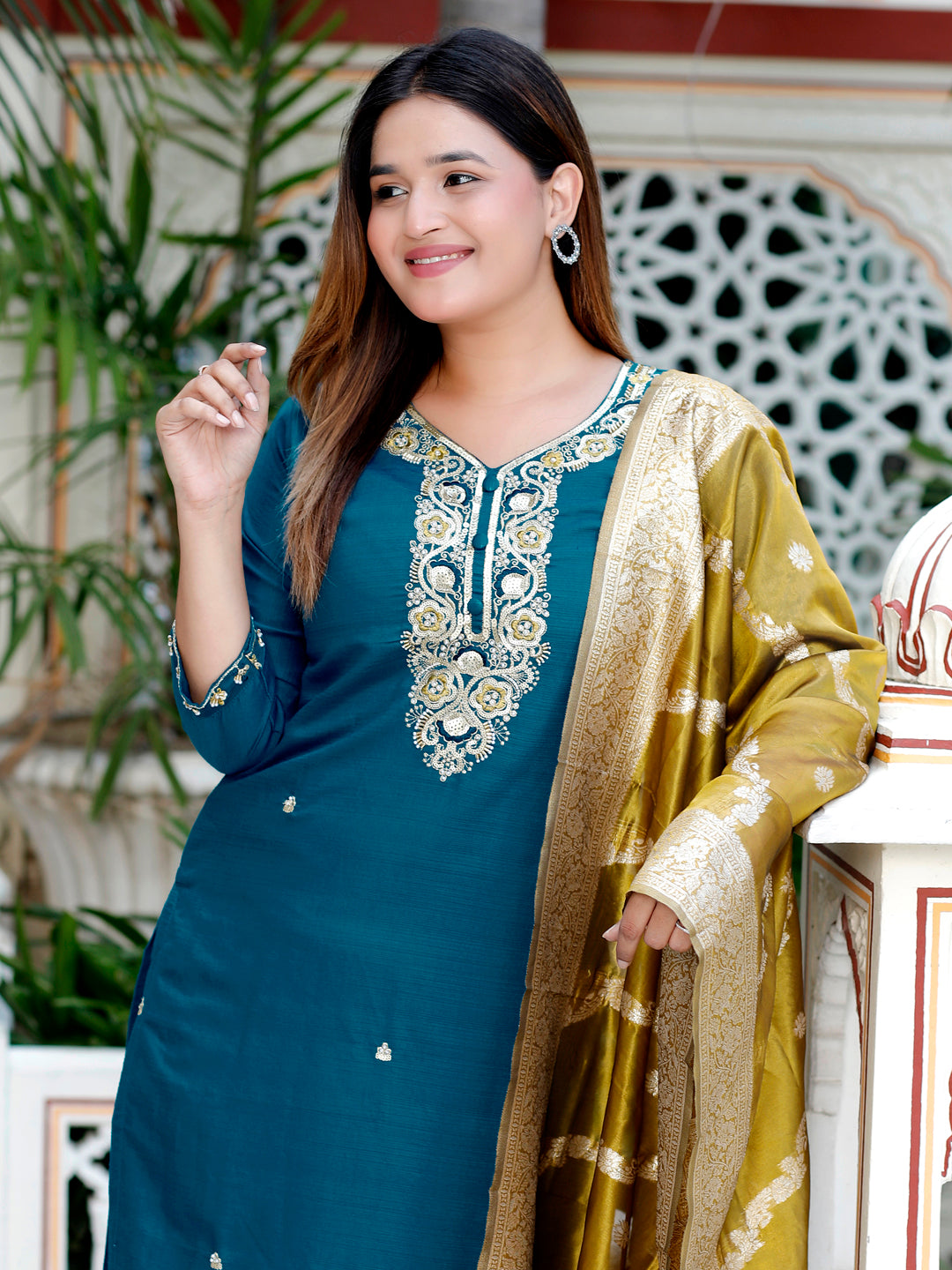 Neria Teal Women Ethnic Motifs Embroidered Kurta with Trousers & Dupatta