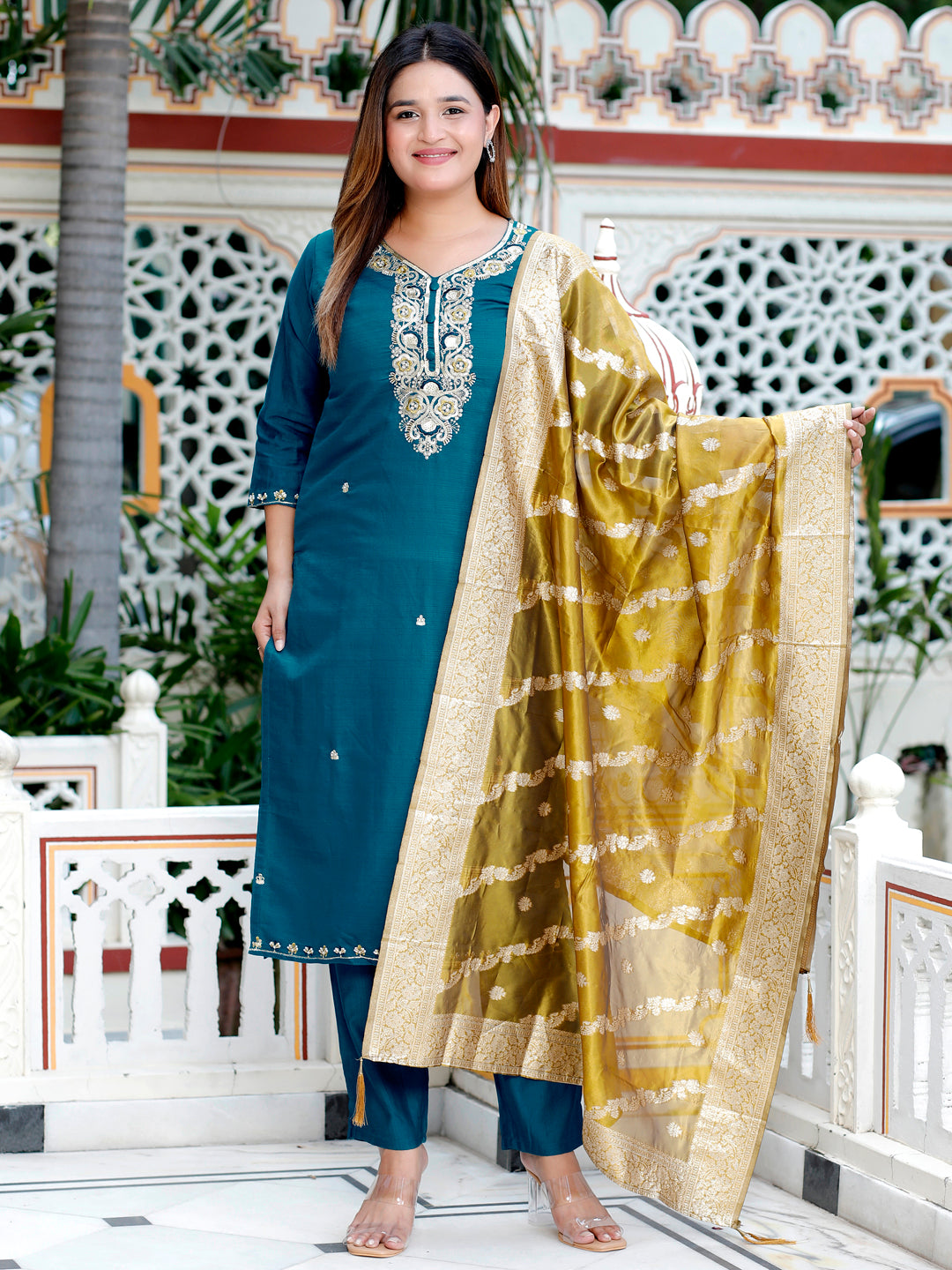 Neria Teal Women Ethnic Motifs Embroidered Kurta with Trousers & Dupatta
