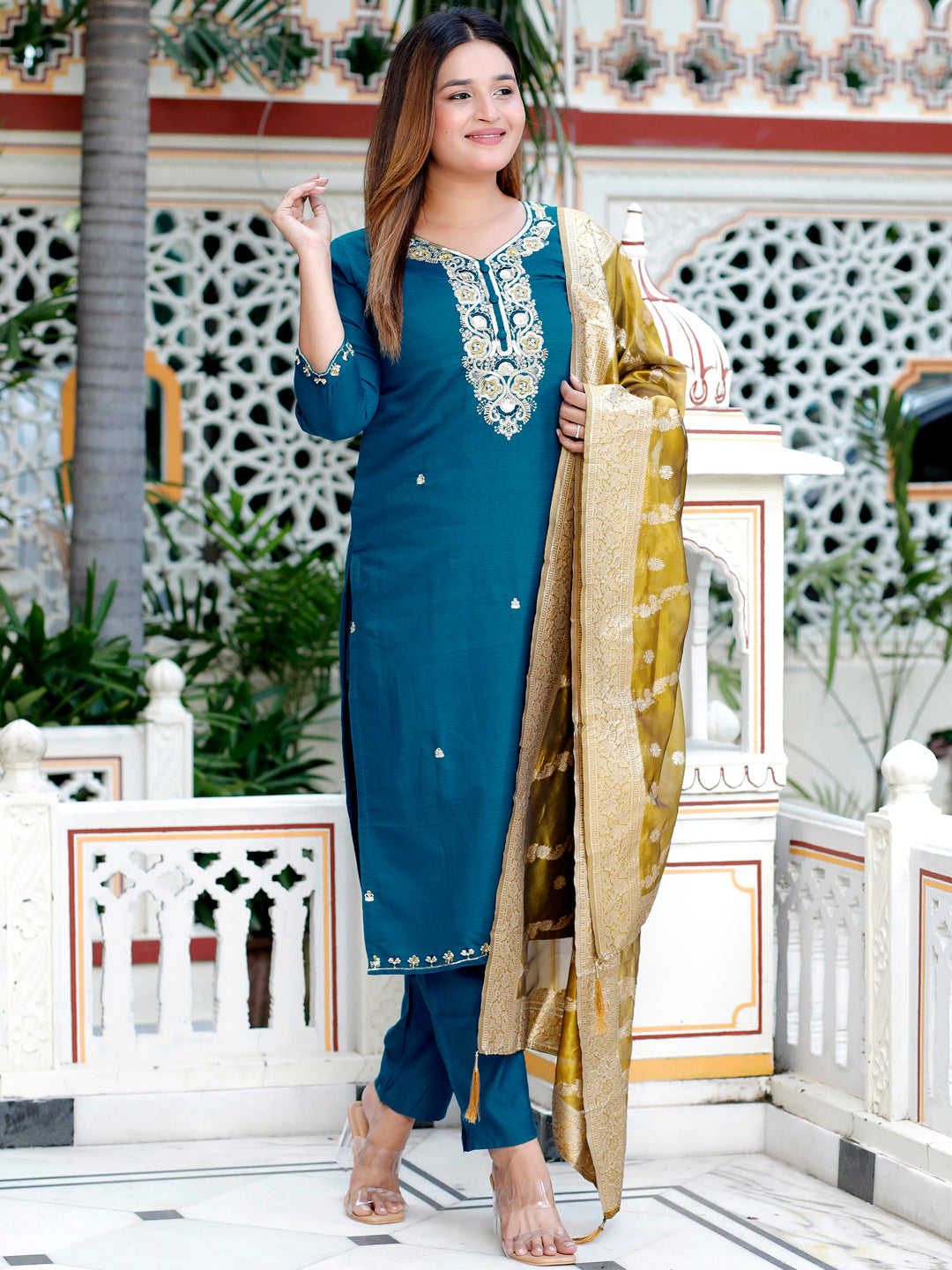 Neria Teal Women Ethnic Motifs Embroidered Kurta with Trousers & Dupatta