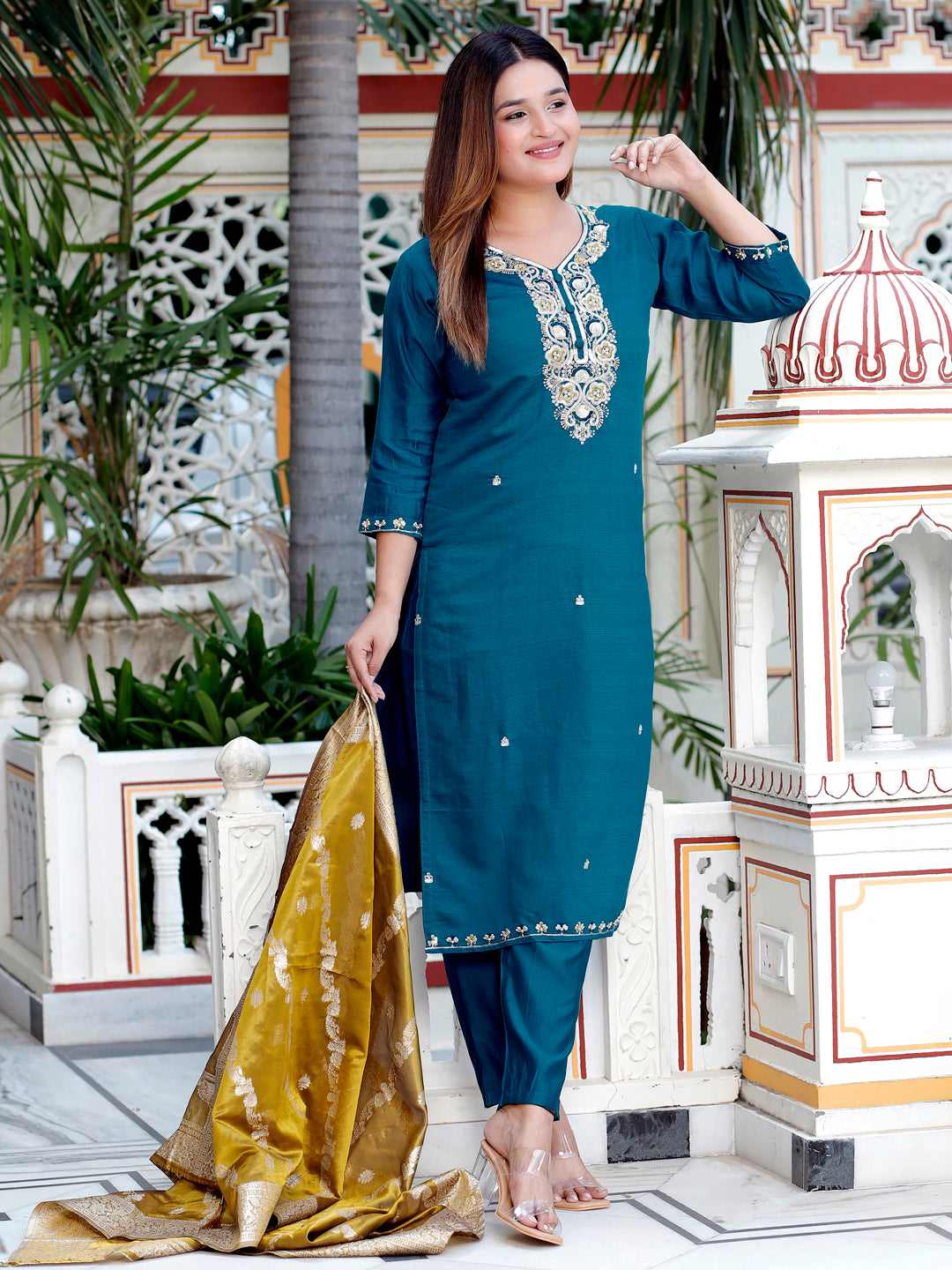 Neria Teal Women Ethnic Motifs Embroidered Kurta with Trousers & Dupatta