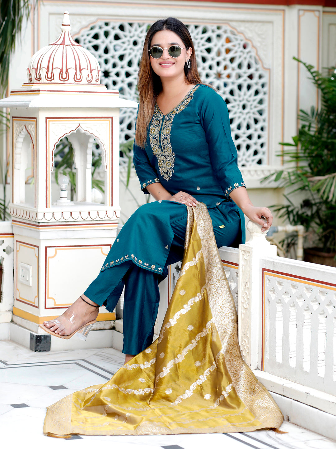 Neria Teal Women Ethnic Motifs Embroidered Kurta with Trousers & Dupatta