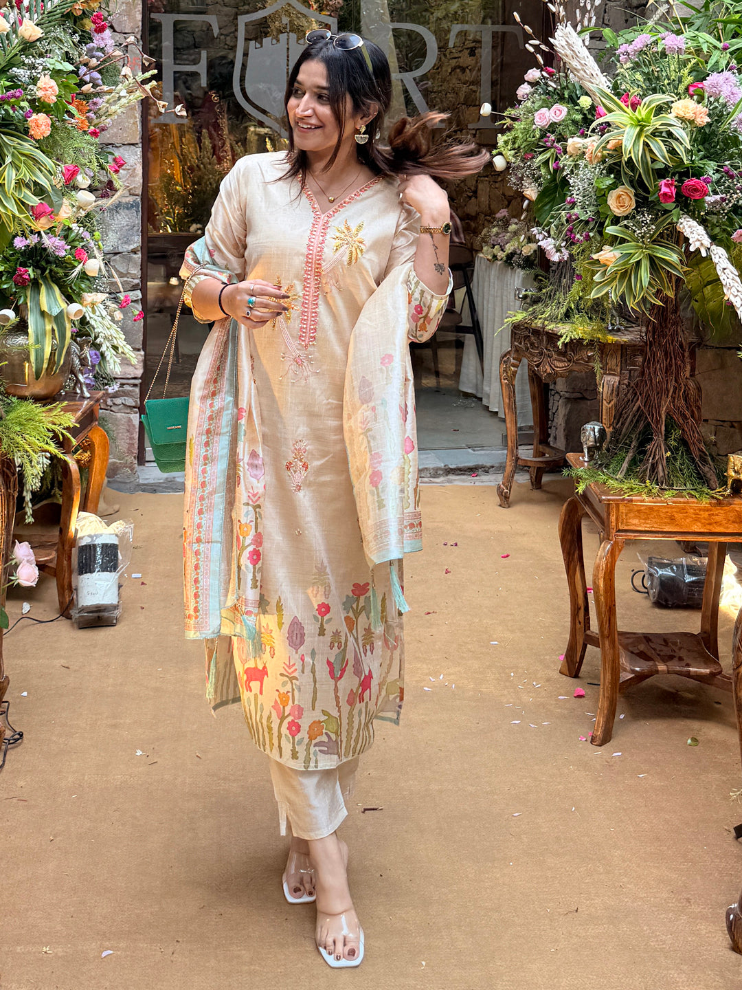 Mehvira Cream Floral Print  Silk Women Kurta Sets With Printed Dupatta Suits