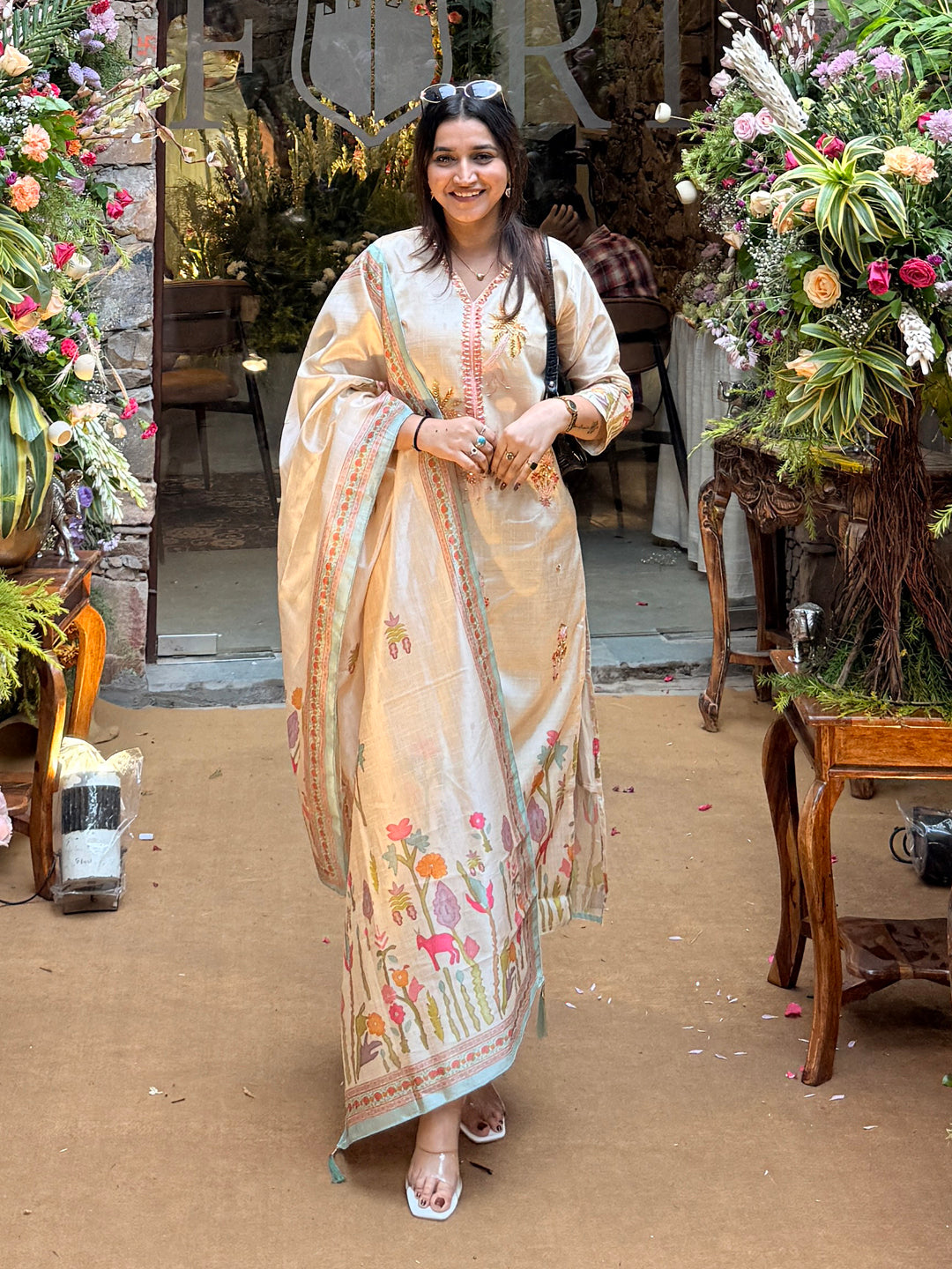 Mehvira Cream Floral Print  Silk Women Kurta Sets With Printed Dupatta Suits