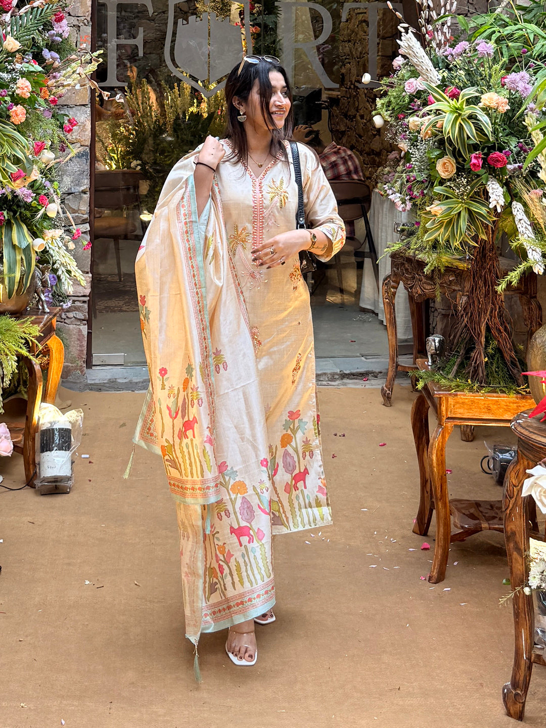 Mehvira Cream Floral Print  Silk Women Kurta Sets With Printed Dupatta Suits