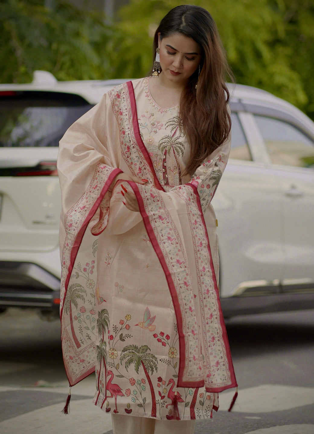 Ahika Printed Handwork Silk Straight Kurta With Trousers & Dupatta Sets