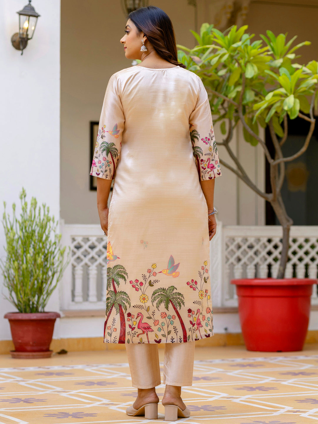 Shivani Floral Printed Handwork Silk Straight Kurta With Trousers & Dupatta Suits