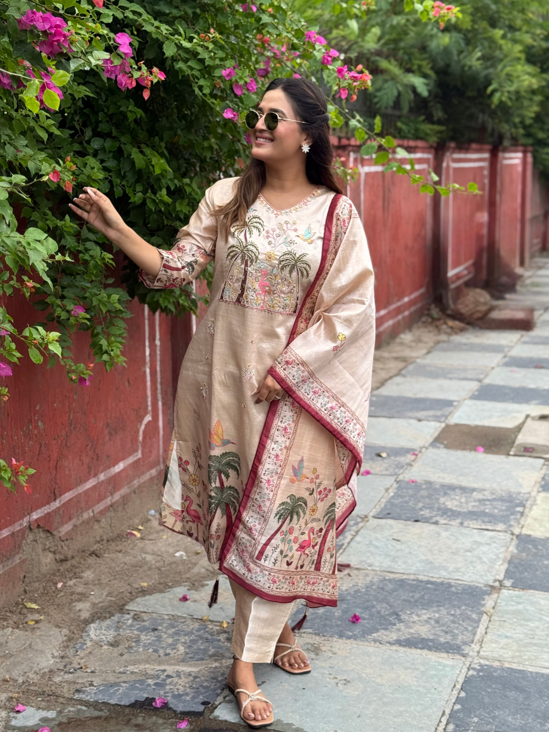 Shivani Floral Printed Handwork Silk Straight Kurta With Trousers & Dupatta Suits