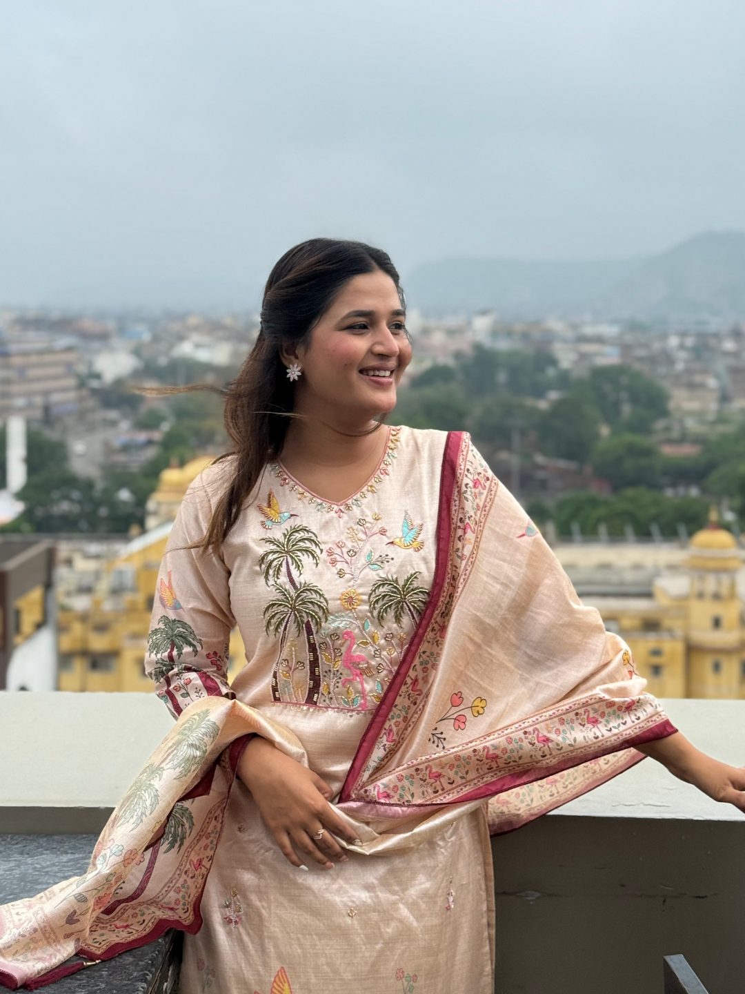 Shivani Floral Printed Handwork Silk Straight Kurta With Trousers & Dupatta Suits