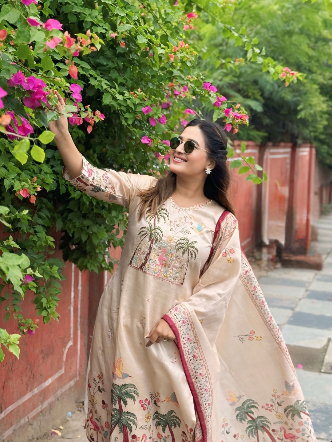 Shivani Floral Printed Handwork Silk Straight Kurta With Trousers & Dupatta Suits