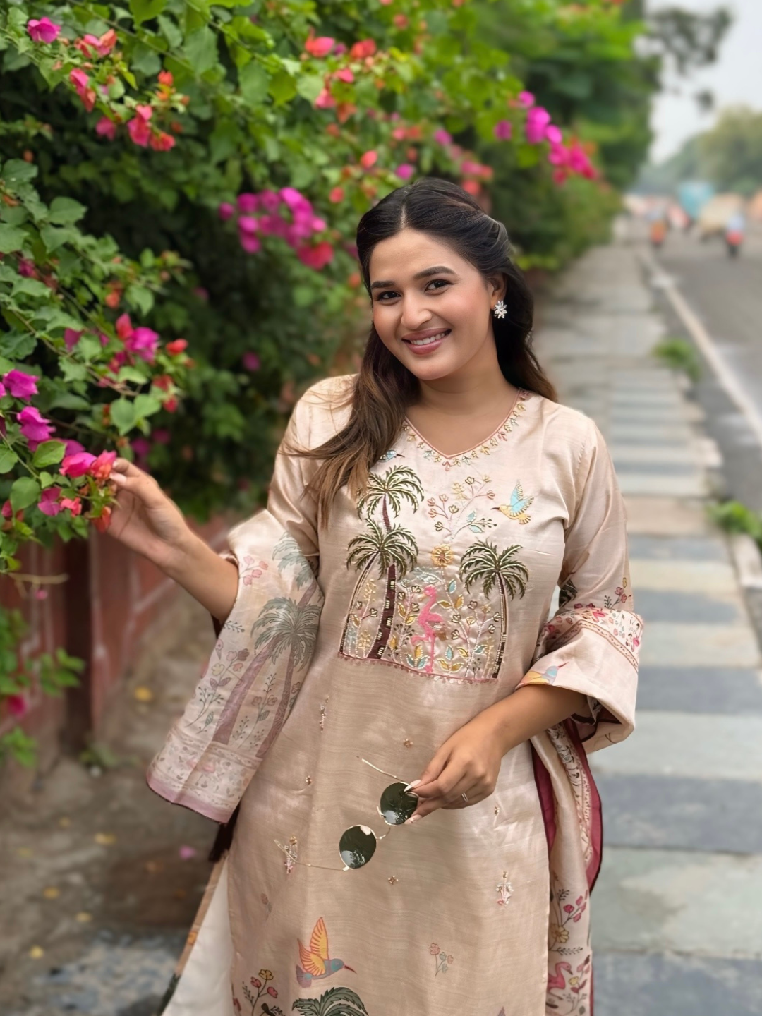 Shivani Floral Printed Handwork Silk Straight Kurta With Trousers & Dupatta Suits