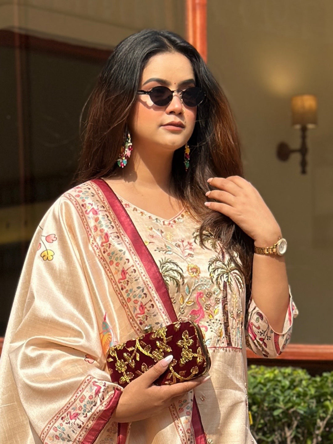 Shivani Floral Printed Handwork Silk Straight Kurta With Trousers & Dupatta Suits