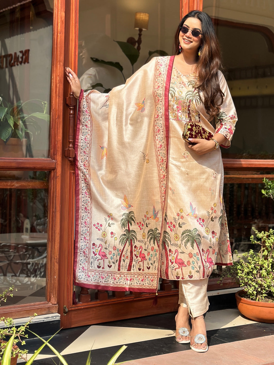 Shivani Floral Printed Handwork Silk Straight Kurta With Trousers & Dupatta Suits