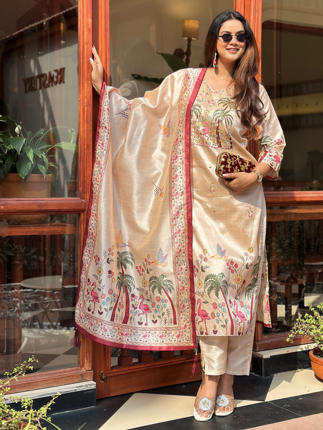 Shivani Floral Printed Handwork Silk Straight Kurta With Trousers & Dupatta Suits