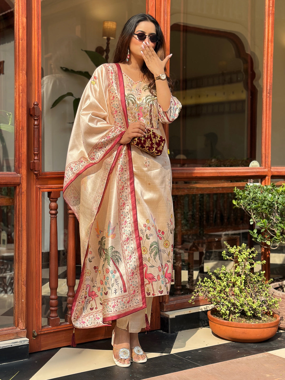 Shivani Floral Printed Handwork Silk Straight Kurta With Trousers & Dupatta Suits