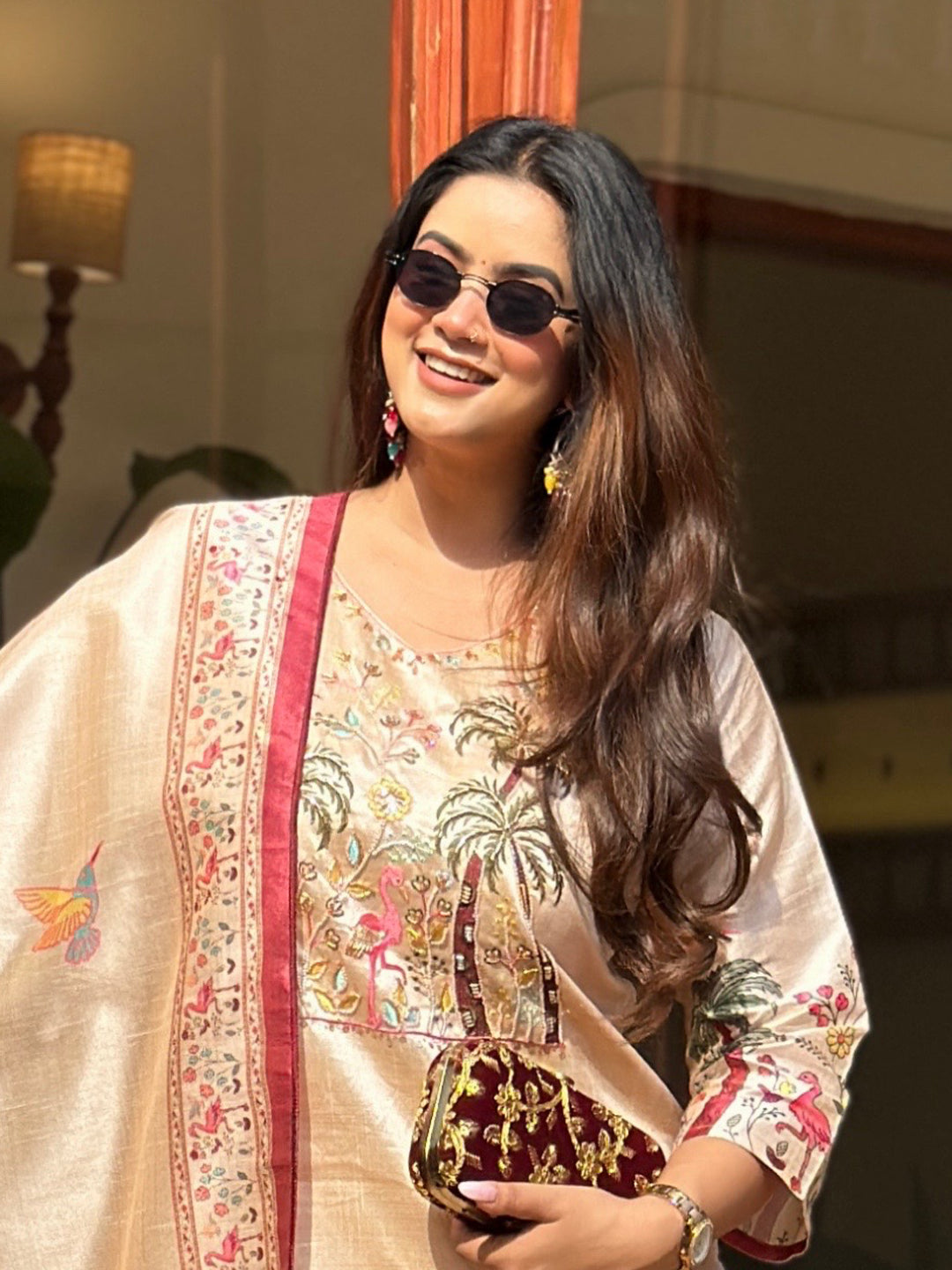 Shivani Floral Printed Handwork Silk Straight Kurta With Trousers & Dupatta Suits