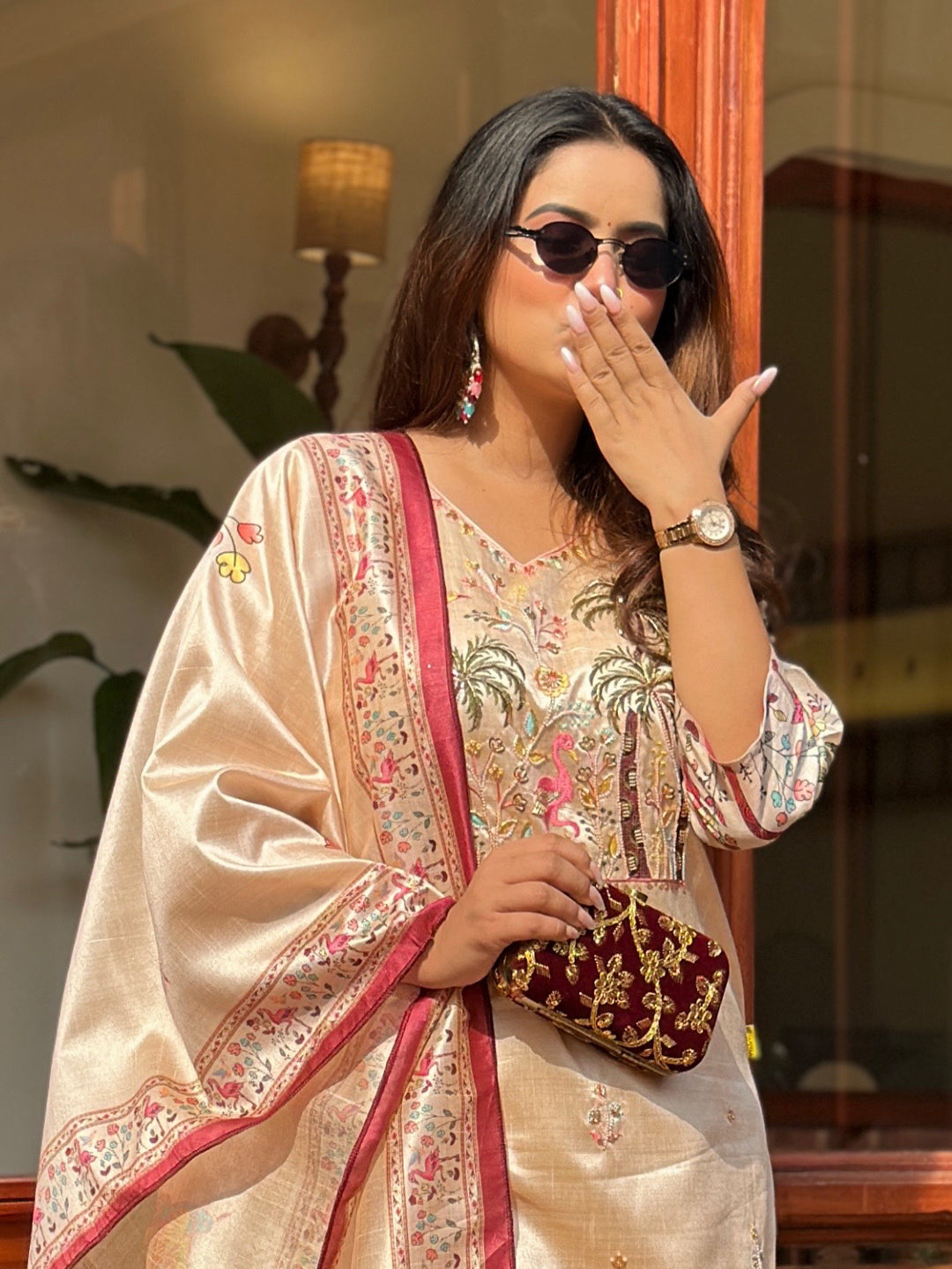 Shivani Floral Printed Handwork Silk Straight Kurta With Trousers & Dupatta Suits