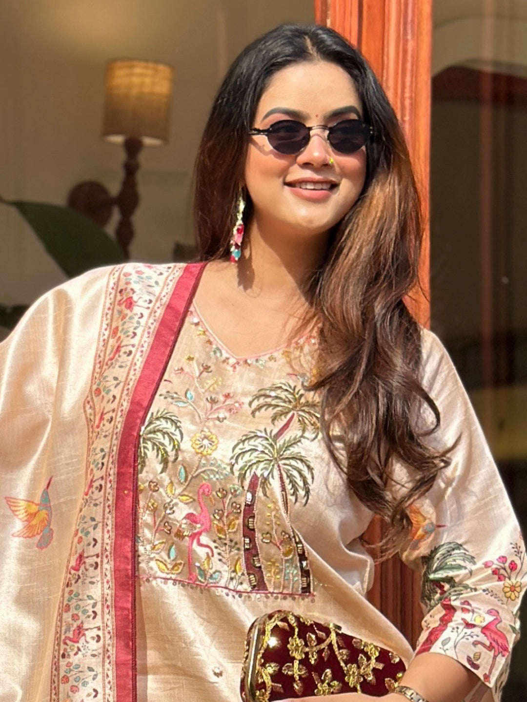 Shivani Floral Printed Handwork Silk Straight Kurta With Trousers & Dupatta Suits