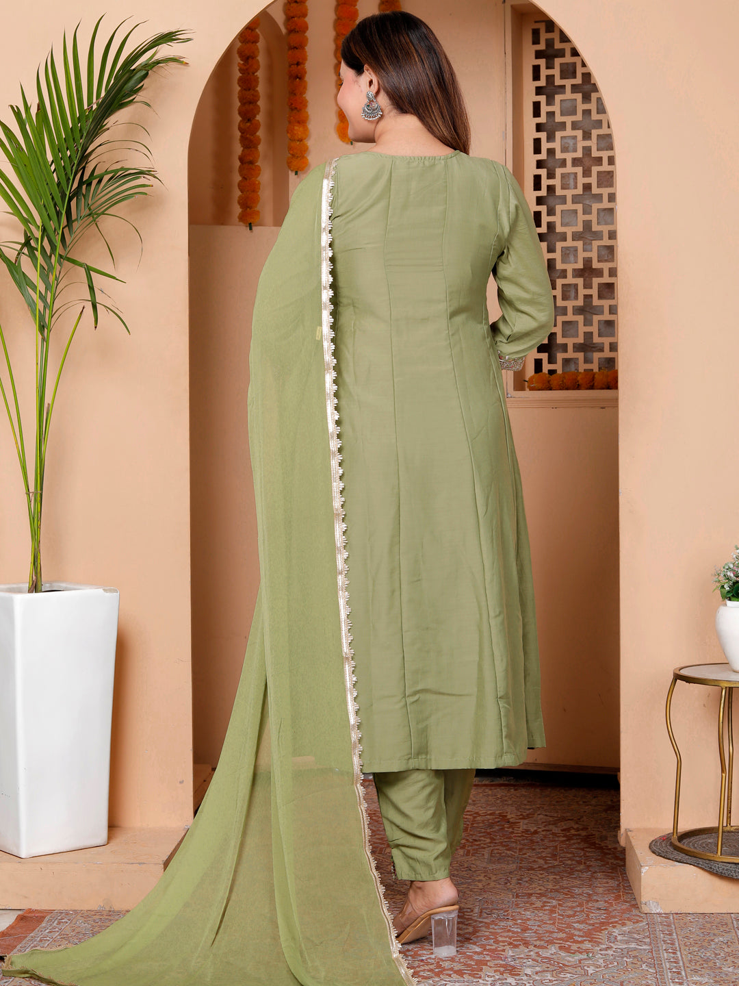 Rudrani Pista Silk Blend Kurta with Trousers & Dupatta Suits