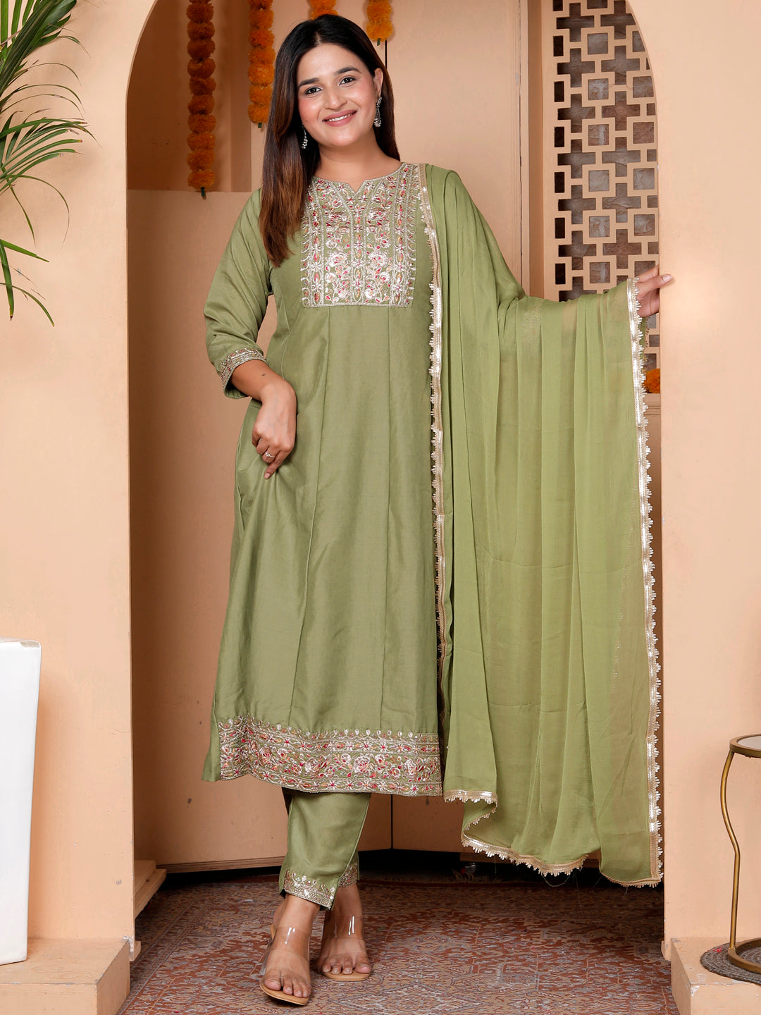 Rudrani Pista Silk Blend Kurta with Trousers & Dupatta Suits