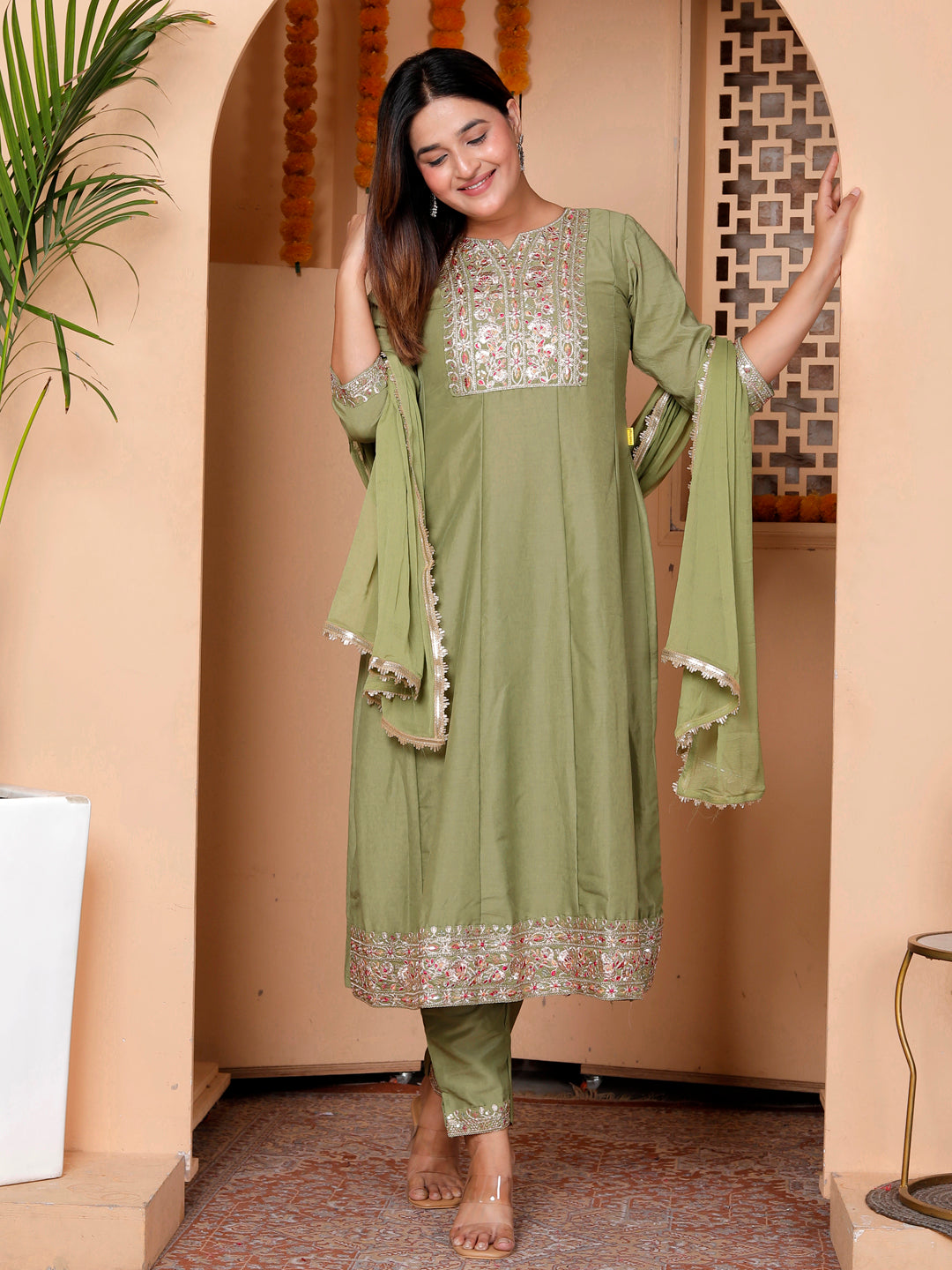 Rudrani Pista Silk Blend Kurta with Trousers & Dupatta Suits
