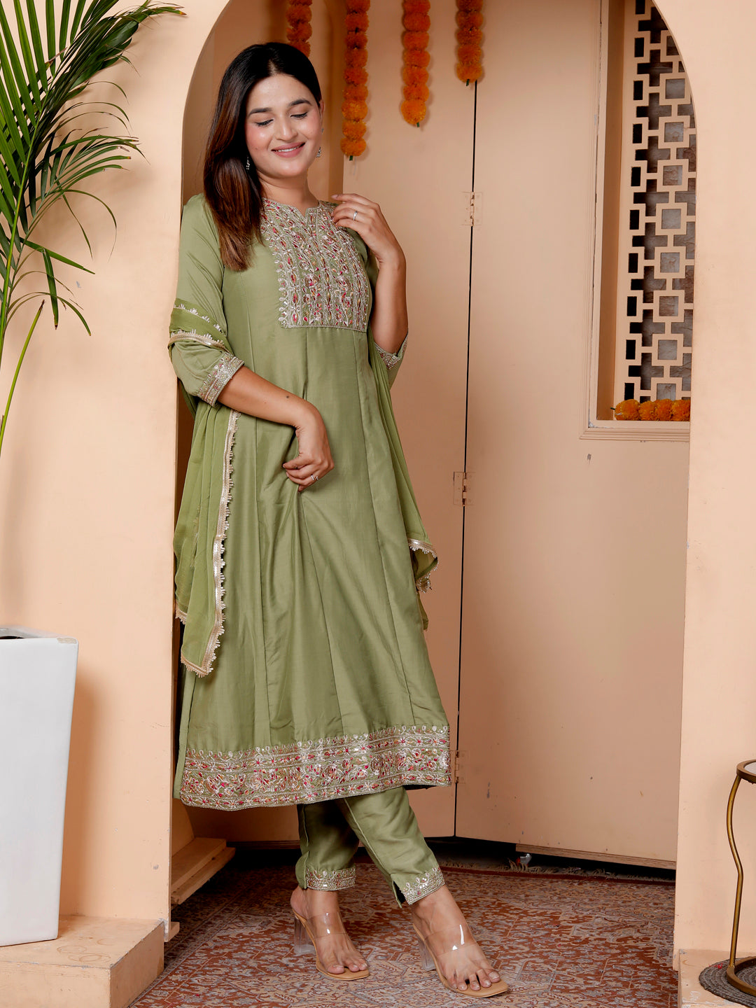 Rudrani Pista Silk Blend Kurta with Trousers & Dupatta Suits