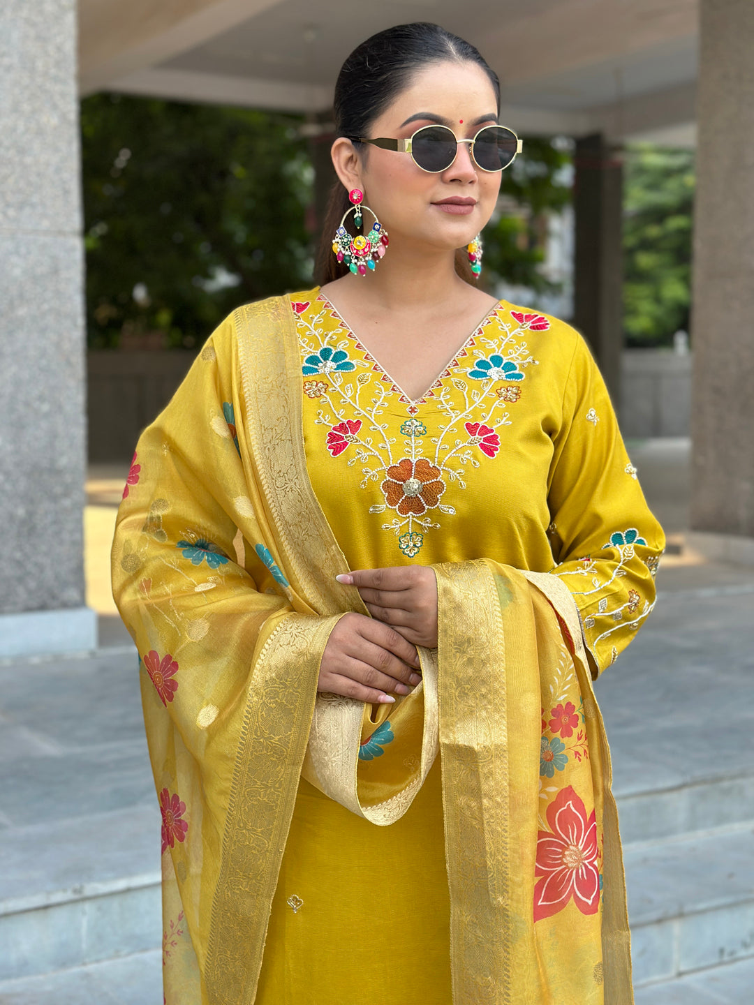 Nyra Floral Embroidered Hand Work Suits Yellow Kurta Pant Sets With Dupatta