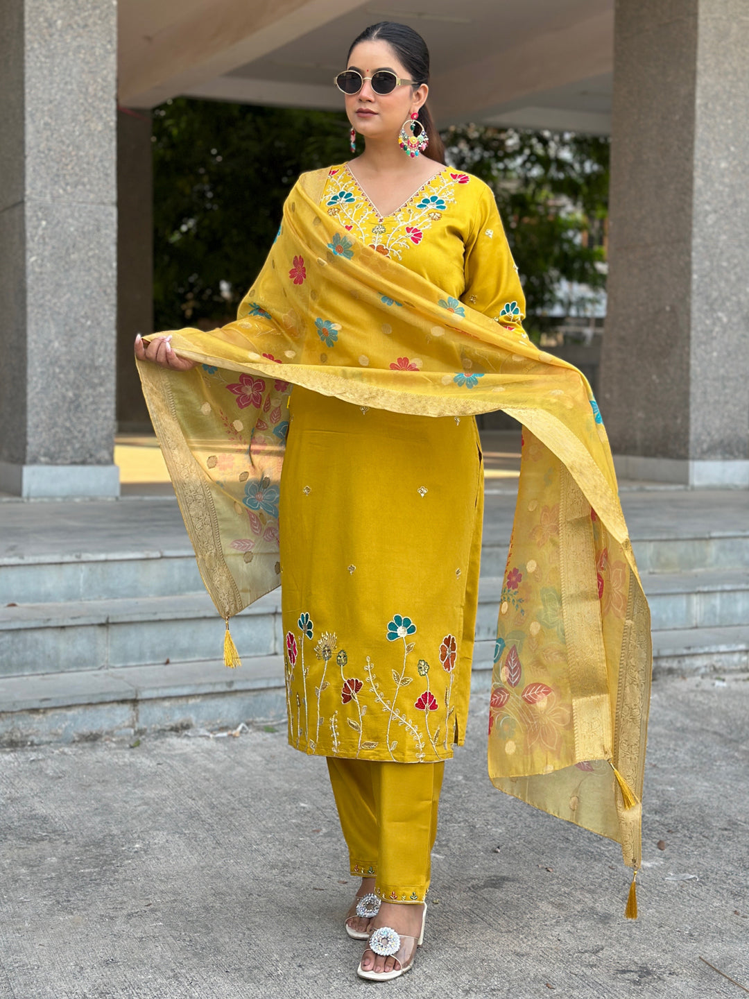 Nyra Floral Embroidered Hand Work Suits Yellow Kurta Pant Sets With Dupatta