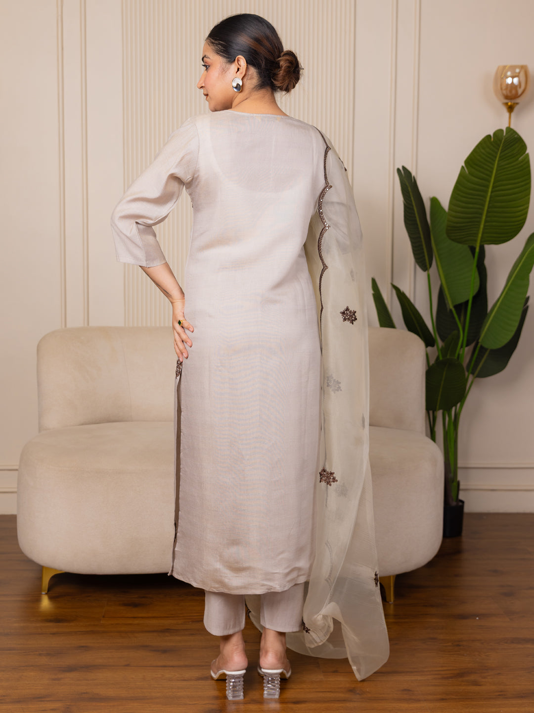 Vyonaa Grey Viscose Rayon Kurta with Trousers & Dupatta Suits