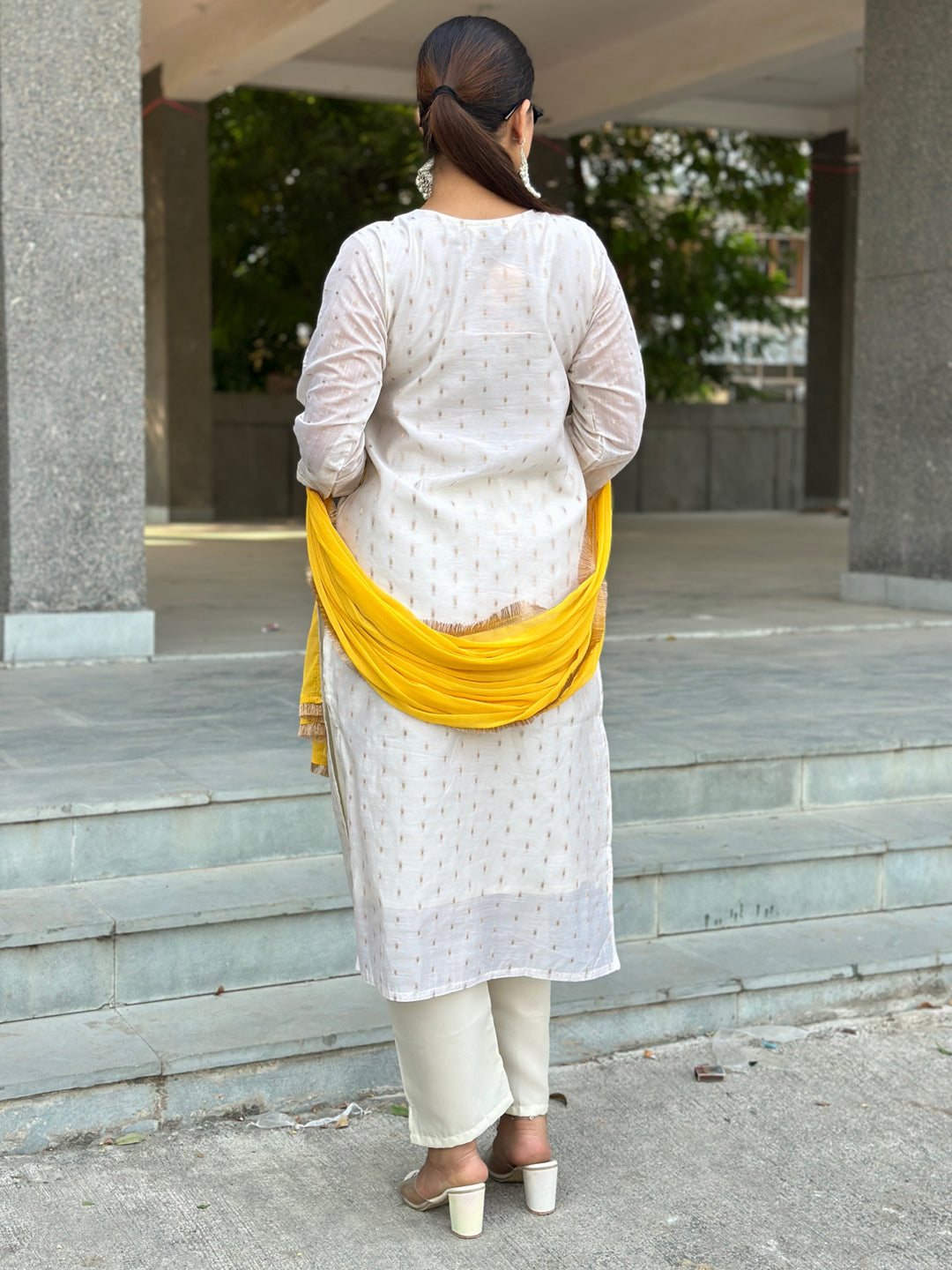 Aabha White Women Kurta and Pant Dupatta Sets Chanderi Silk Fabrics with Embroidery