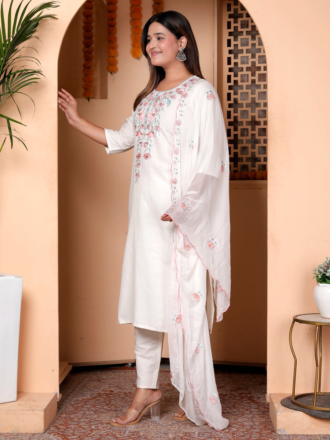 Zarvika White khadi cotton Kurta with Trousers & Dupatta Suits