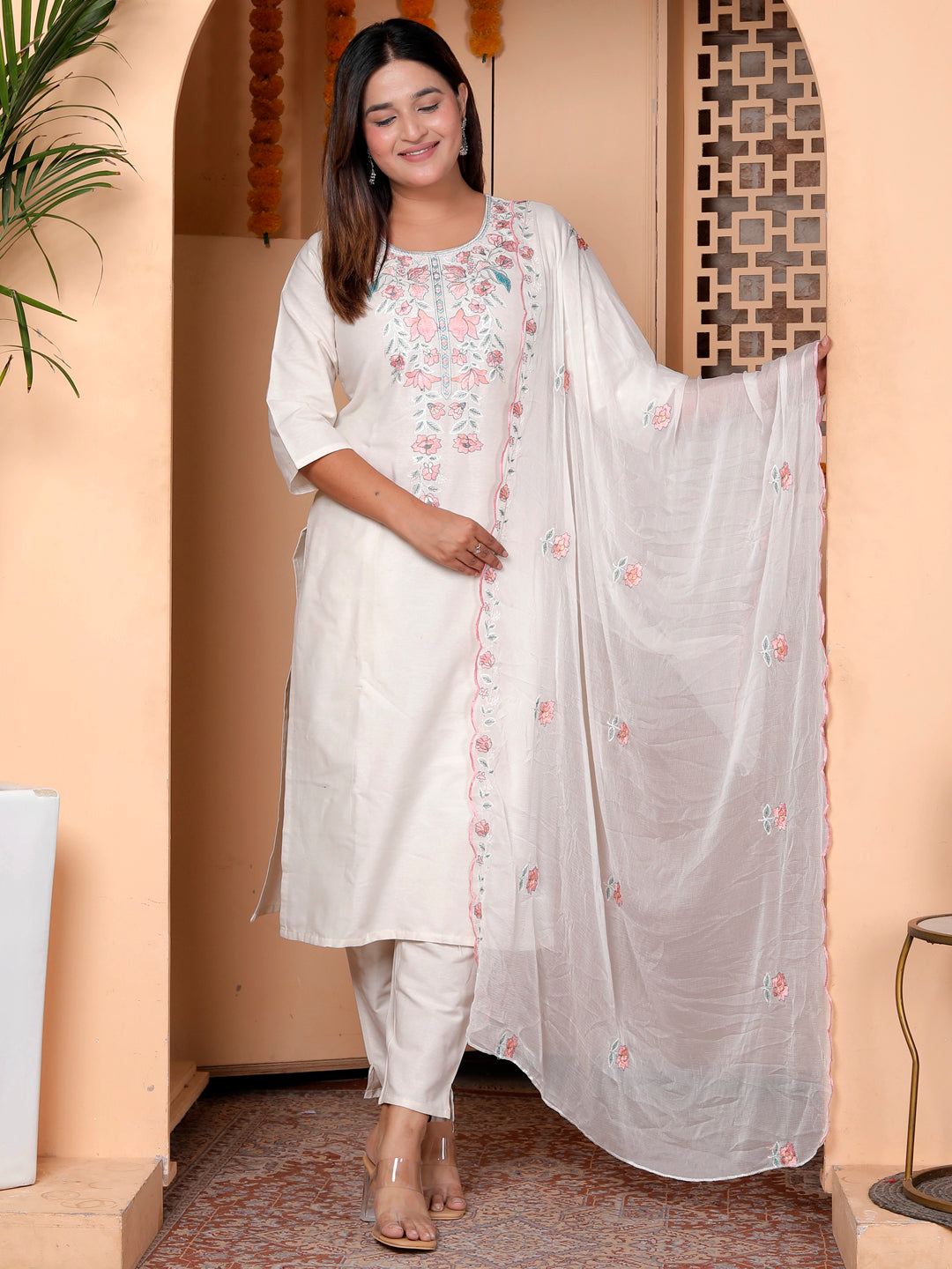 Zarvika White khadi cotton Kurta with Trousers & Dupatta Suits