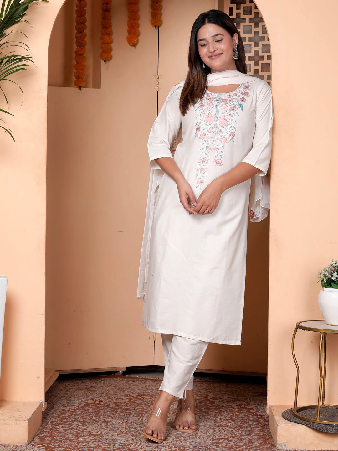 Zarvika White khadi cotton Kurta with Trousers & Dupatta Suits