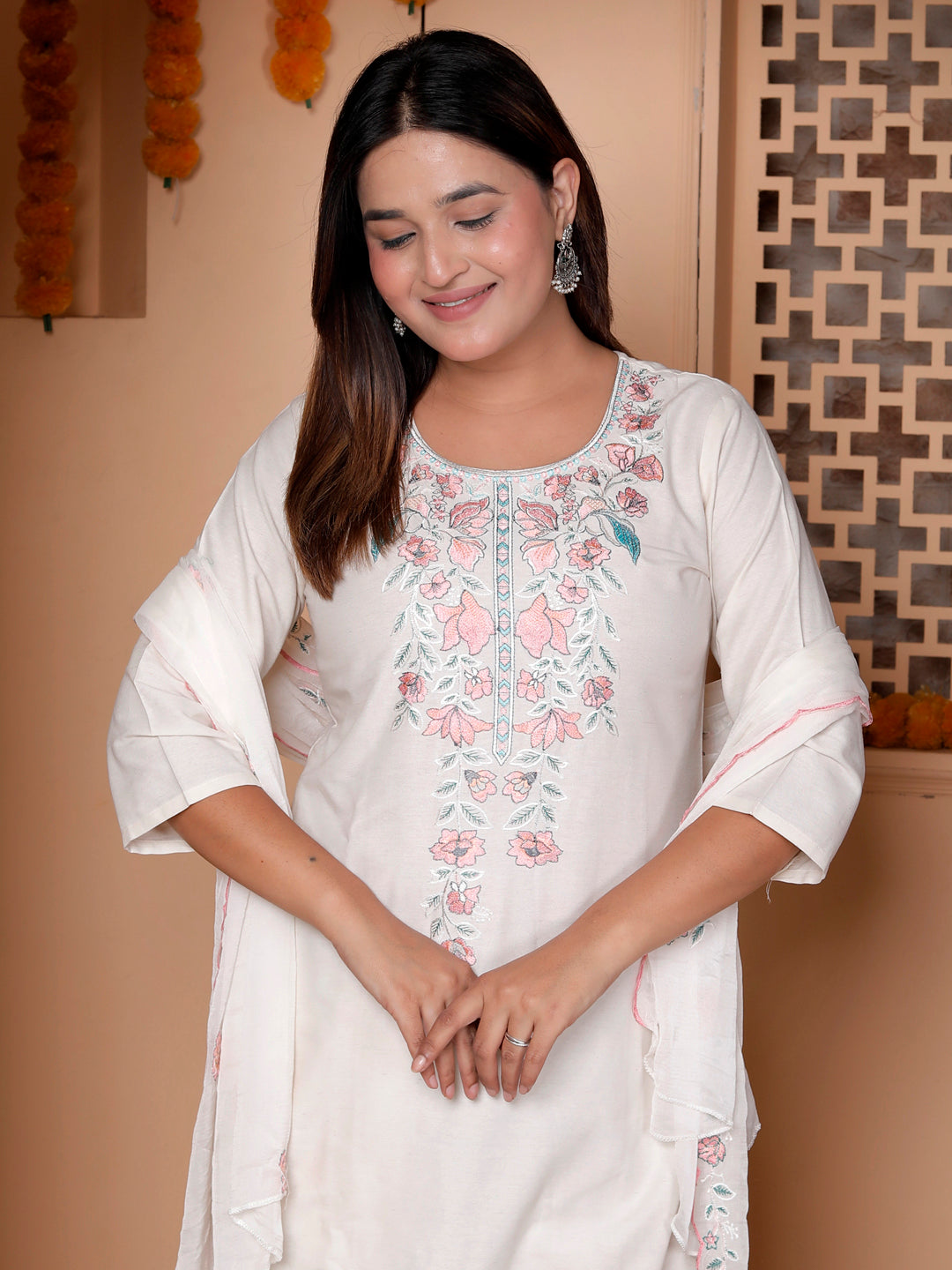 Zarvika White khadi cotton Kurta with Trousers & Dupatta Suits
