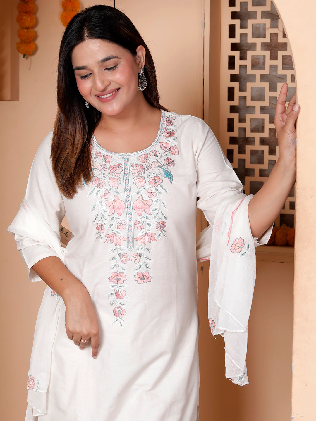 Zarvika White khadi cotton Kurta with Trousers & Dupatta Suits