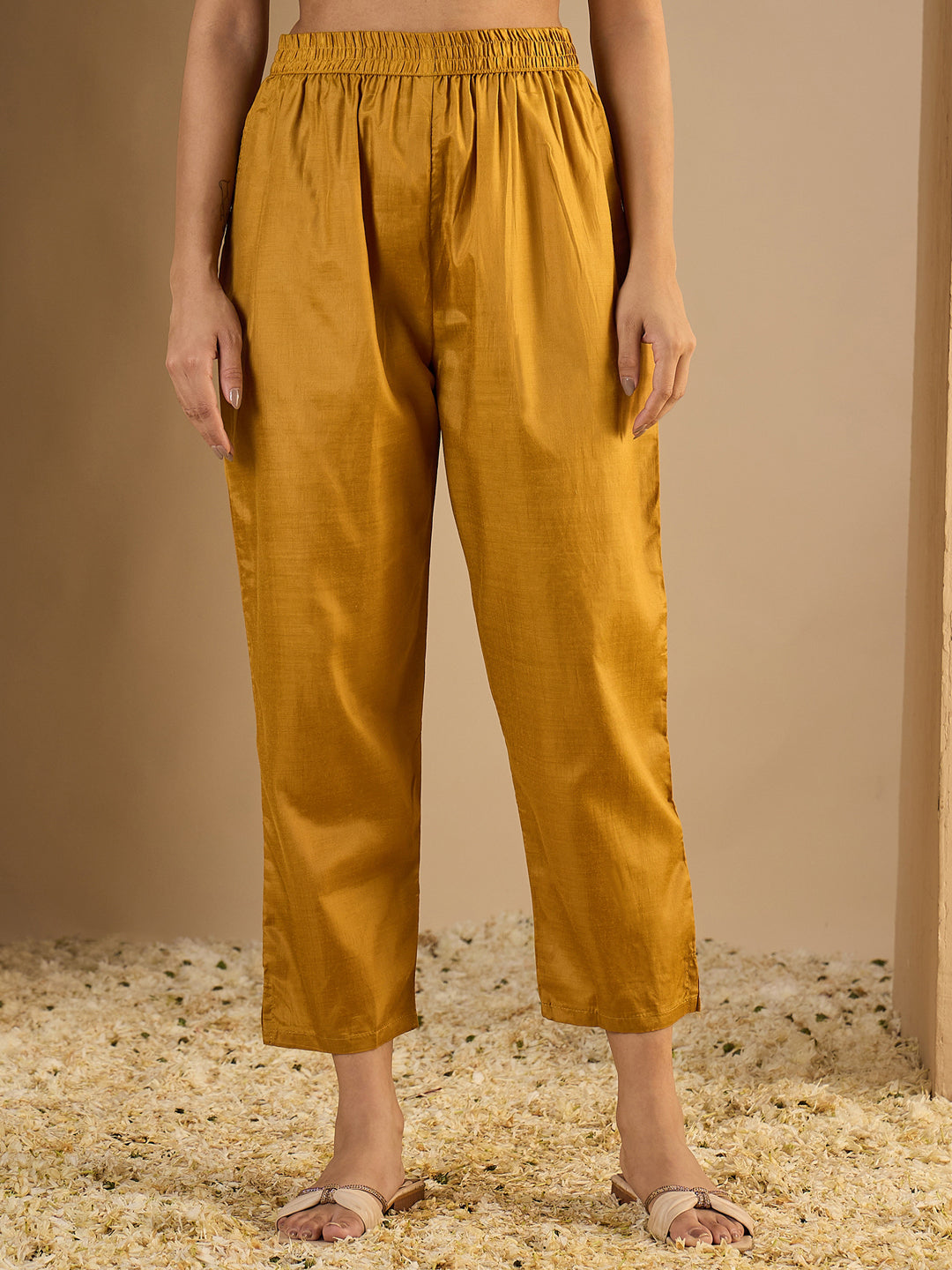 Women's Cotton Silk Woven Straight Kurta Pant Set | Mandarin Collar Calf Length Festive & Casual Ethnic Kurta Sets for Women