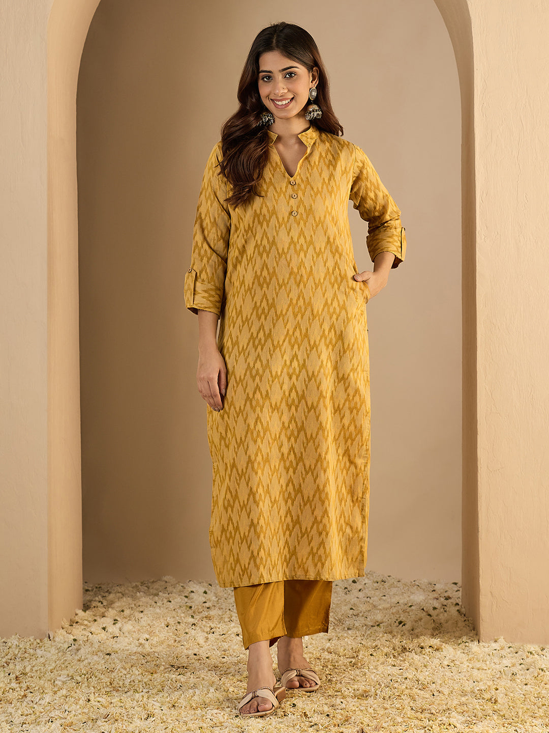 Women's Cotton Silk Woven Straight Kurta Pant Set | Mandarin Collar Calf Length Festive & Casual Ethnic Kurta Sets for Women