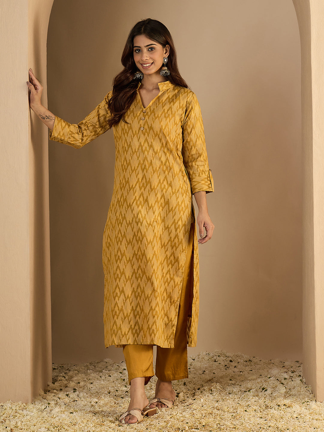 Women's Cotton Silk Woven Straight Kurta Pant Set | Mandarin Collar Calf Length Festive & Casual Ethnic Kurta Sets for Women