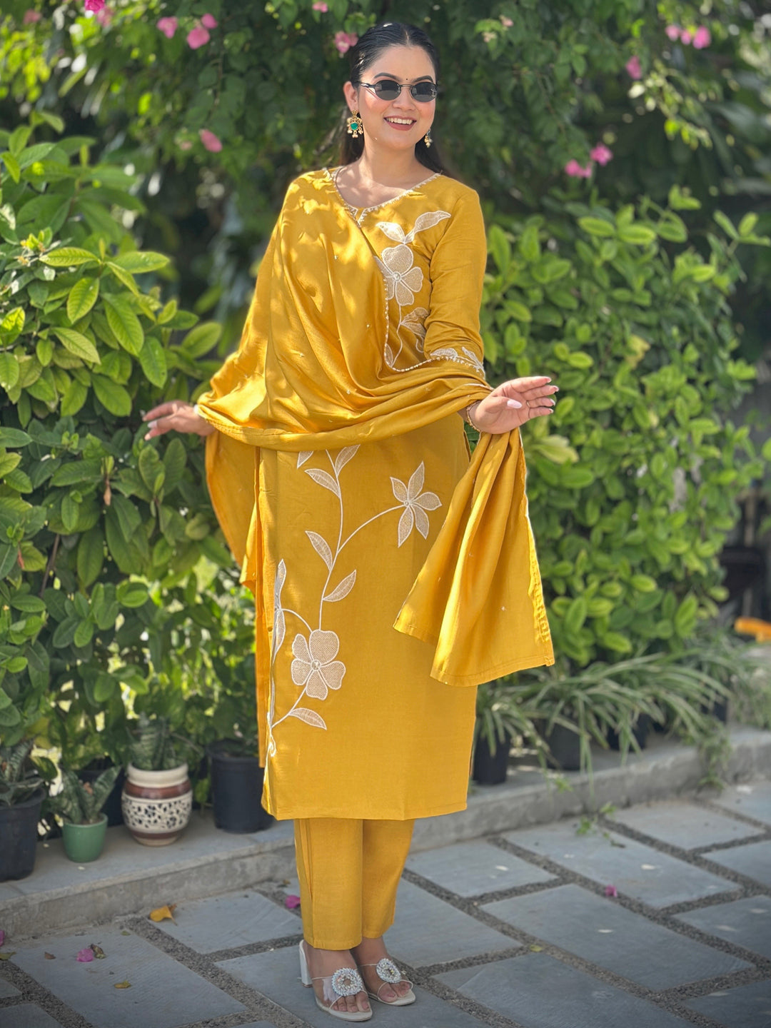 Samyuktha Yellow Embroidery Silk Straight Kurta With Trousers & Dupatta Sets