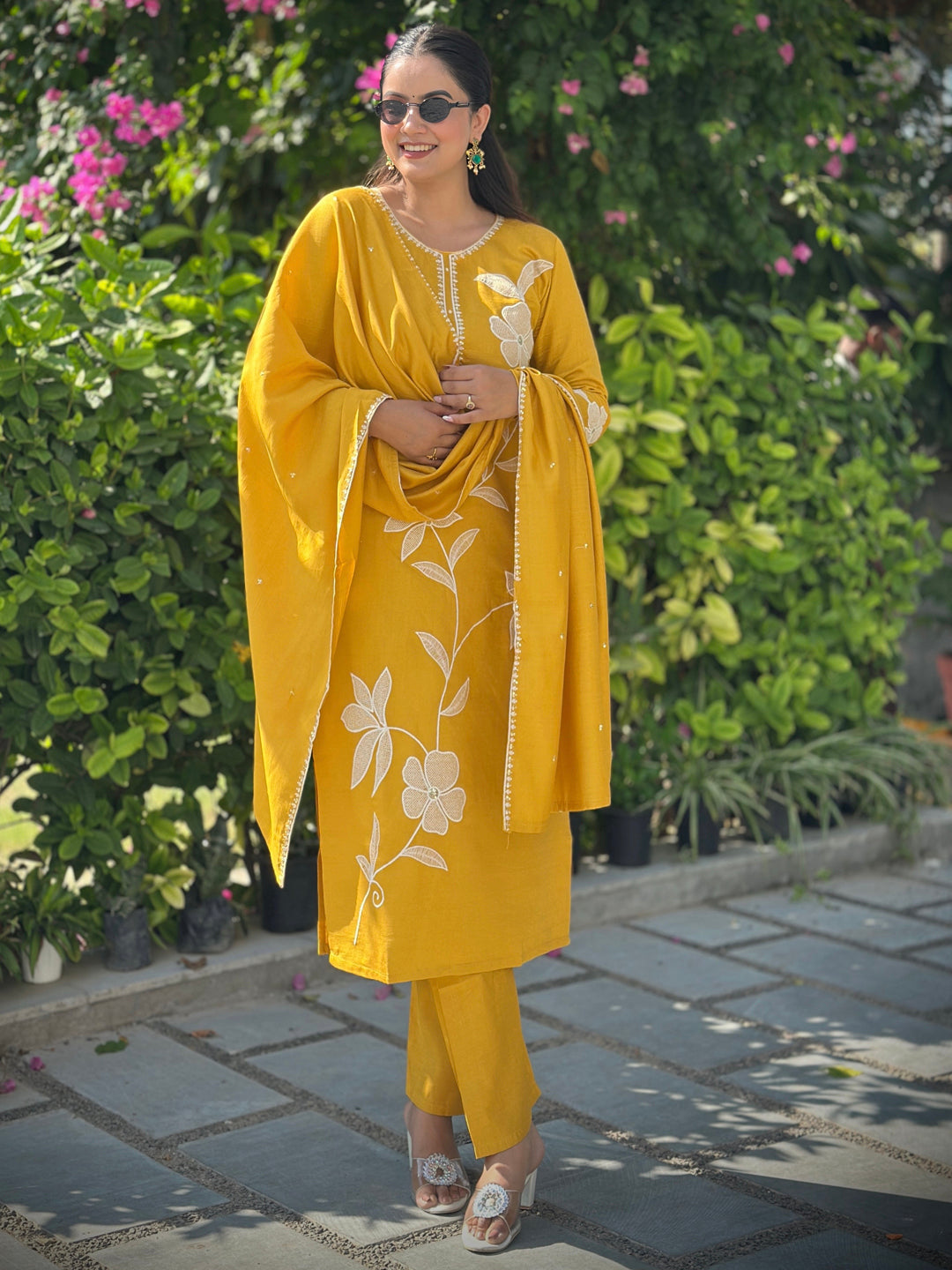 Samyuktha Yellow Embroidery Silk Straight Kurta With Trousers & Dupatta Sets