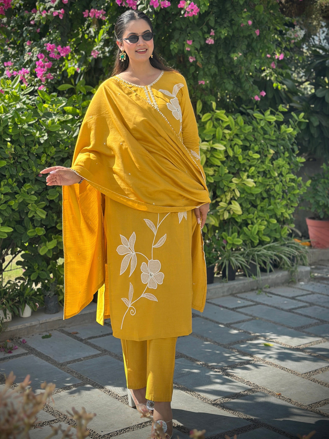 Samyuktha Yellow Embroidery Silk Straight Kurta With Trousers & Dupatta Sets